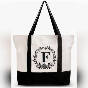 Monogrammed Embroidered Canvas Tote Bag Zipper Pocket Personalized Gift Letter F
